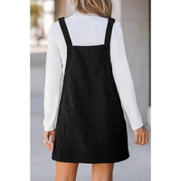 Black Solid Front Pockets Sleeveless Corduroy Overall Dress - M thumbnail