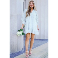 Myosotis Seersucker Ruffled Puff Sleeve Stand Neck Mini Dress - L thumbnail