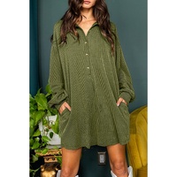Moss Green Corded Buttons Placket Drop Shoulder Collared Shift Dress - L thumbnail