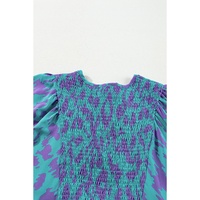 Sky Blue Abstract Print Puff Sleeve Tied Notched Neck Long Dress - M thumbnail