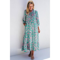 Green Abstract Print Puff Sleeve Tied Notched Neck Long Dress - M thumbnail