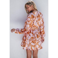 Brown Floral Puff Sleeve Smocked Waist Layered Dress - L thumbnail