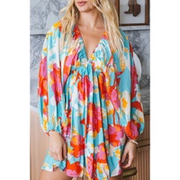 Sky Blue Floral Bracelet Sleeve Empire Waist Mini Dress - L thumbnail