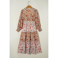 Khaki Floral Print Ruffled Tiered Long Sleeve V Neck Midi Dress - L thumbnail