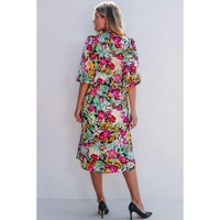 Green Floral Puff Sleeve V Neck Tassel Drawstring Dress - L thumbnail