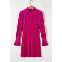 Rose Red Smocked Mock Neck Ruffled Puff Sleeve Velvet Mini Dress - XL thumbnail
