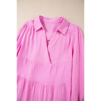 Bonbon Solid Collared V Neck Tiered Loose Fit Midi Dress - L thumbnail
