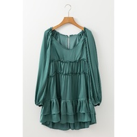 Mist Green Tiered Ruffled Puff Sleeve Loose Fit Mini Dress - L thumbnail