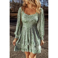 Green Floral Print Square Neck Shirred Waist Tiered Ruffled Mini Dress - L thumbnail