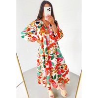 Orange Floral Print Split V Neck Tiered Maxi Dress - L thumbnail