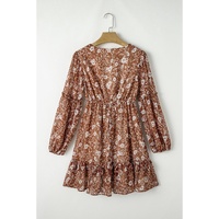 Brown Boho Floral Ruffled Puff Sleeve V Neck Mini Dress - L thumbnail