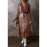 Brown Floral Print Split Front Tiered Frilled V Neck Midi Dress - L thumbnail