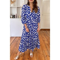Blue Western Abstract Geometric Printed Maxi Dress - S thumbnail