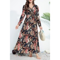Black Floral Print V Neck Wrap High Waist Maxi Dress - M thumbnail