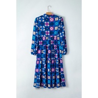 Blue Floral Peasant Sleeve Tiered Ruffle Midi Dress - L thumbnail