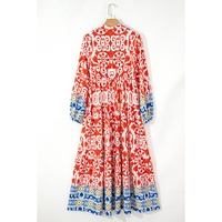 Orange Boho Geometric Printed Long Sleeve Maxi Dress - L thumbnail