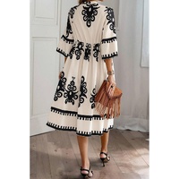 Beige Western Geometric Print 3/4 Sleeve Loose Midi Dress - L thumbnail