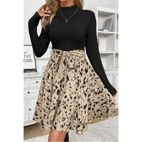 Black Ribbed Knit Patchwork Printed Belted A-line Dress - XL thumbnail