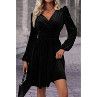 Black Velvet Long Sleeve Surplice High Waist Mini Dress - XL thumbnail