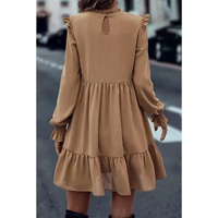 Light French Beige Frilled Collar Ruffled Shoulder Tiered Dress - L thumbnail