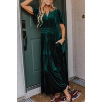 Evergreen Velvet Short Sleeve Shirred Waist Tiered Maxi Dress - L thumbnail