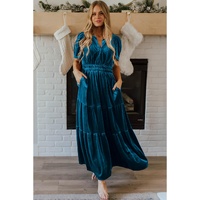 Prussian Blue Velvet Short Sleeve Shirred Waist Tiered Maxi Dress - XL thumbnail