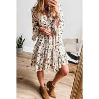 Khaki Leopard Print Buttoned Front 3/4 Sleeve Tiered Ruffled Hem Dress - 2XL thumbnail