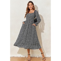 Black Floral Printed Long Sleeve Square Neck Midi Dress - M thumbnail