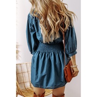 Prussian Blue 3/4 Sleeve Shirred High Waist Buttoned Mini Dress - L thumbnail