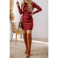 Racing Red Ribbed Knit Long Sleeve High Neck Mini Dress - XL thumbnail