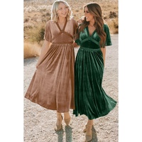 Chestnut Velvet Lacy V Neckline Short Sleeve Empire Waist Flowy Maxi Dress - L thumbnail