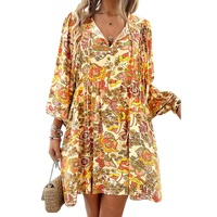 Yellow Cream Floral Print V Neck Puff Sleeve Mini Dress - L thumbnail