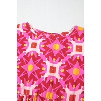 Strawberry Pink Geometric Print Smocked Long Sleeve Mini Dress - S thumbnail