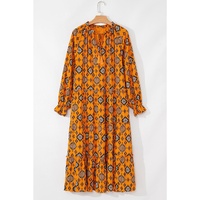 Orange Western Geometric Print Tiered Frilled Loose Fit Midi Dress - L thumbnail