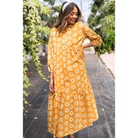 Yellow Flower Print Bracelet Sleeve Buttons Collared Maxi Dress - L thumbnail