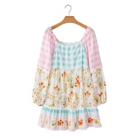 Pink Ric Rac Plaid Floral Print Patchwork Bubble Sleeve Dress - L thumbnail