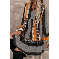 Black Striped Polka Dot Print Ruffled Hem V Neck Mini Dress - M thumbnail