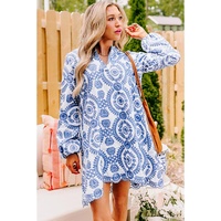 Blue Boho Floral Embroidered Notch V Neck Shift Mini Dress - S thumbnail