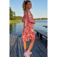 Red Floral Print High Waist V Neck Babydoll Mini Dress - L thumbnail