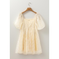 Apricot Sequined Lace Mesh Bubble Sleeve Square Neck Dress - L thumbnail