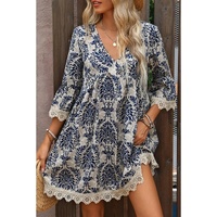 Sky Blue Vintage Printed Lace Trim V Neck 3/4 Sleeve Loose Dress - S thumbnail