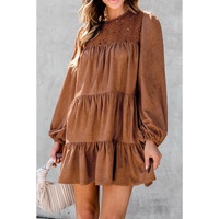 Chestnut Floral Lace Crochet Tiered Ruffled Mini Dress - L thumbnail