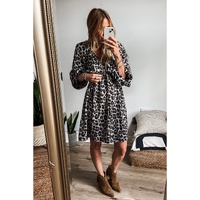 Black Leopard Print Elasticated V Neck 3/4 Puff Sleeve Dress - M thumbnail