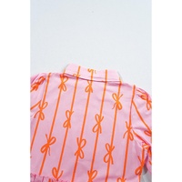 Pink Bowknot Striped Printed Tiered Ruffled Mini Shirt Dress - L thumbnail