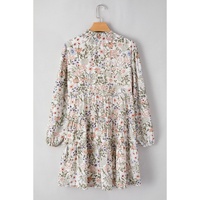 Green Floral Print Tiered Frilled Shirred Mock Neck Mini Dress - S thumbnail
