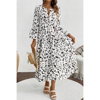 White Leopard Print Notch V Neck Loose Fit Maxi Dress - S thumbnail