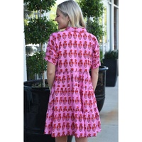 Sachet Pink Floral Print Multi Buttons Collared Short Sleeve Flowy Dress - M thumbnail