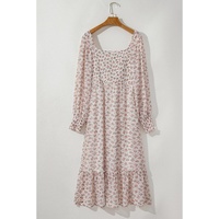 White Floral Print Shirred Ruffled Hem Square Neck Midi Dress - S thumbnail