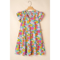 Sky Blue Floral Print Smocked Notch V Neck Flutter Sleeve Mini Dress - L thumbnail