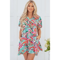 Green Abstract Print Lace-up High Waist Buttoned Mini Dress - S thumbnail